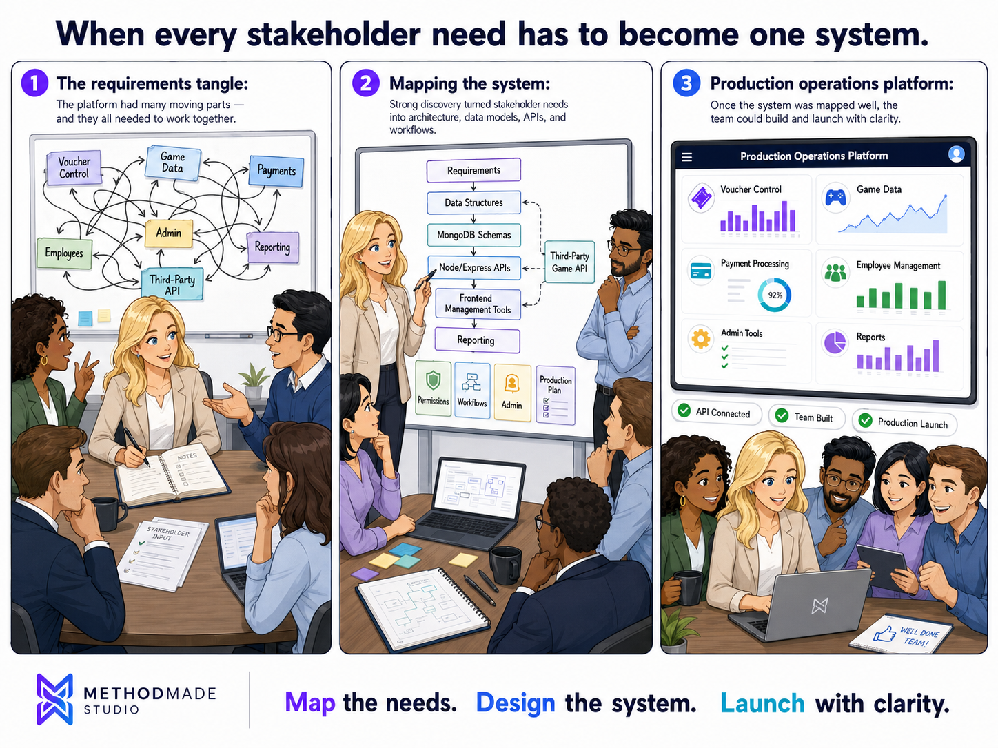 Three-panel MethodMade comic showing stakeholder requirements becoming a full-stack casino operations system.