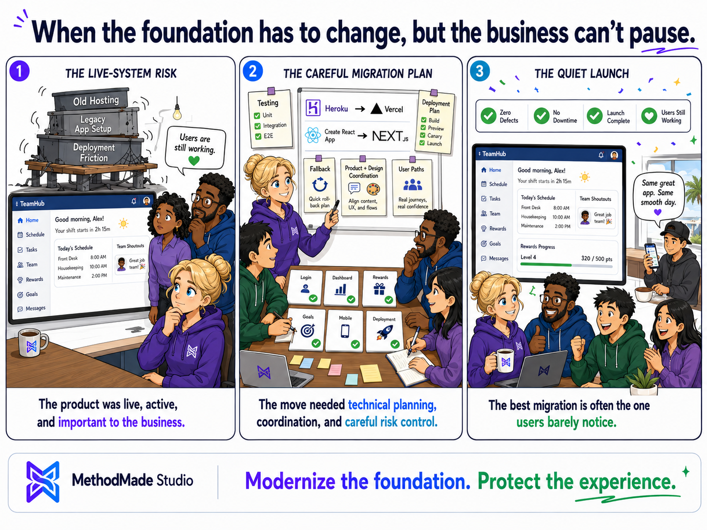 Three-panel MethodMade comic showing a live product migration completed without downtime or known launch defects.