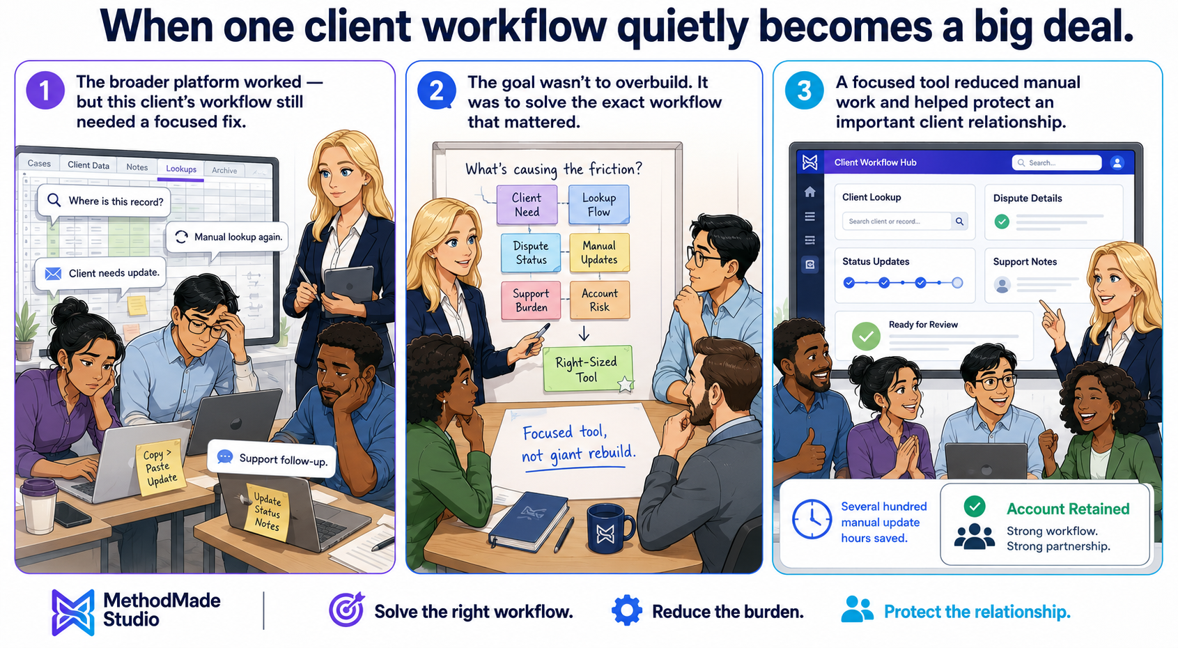 Three-panel MethodMade comic showing an at-risk client workflow becoming a focused production application.
