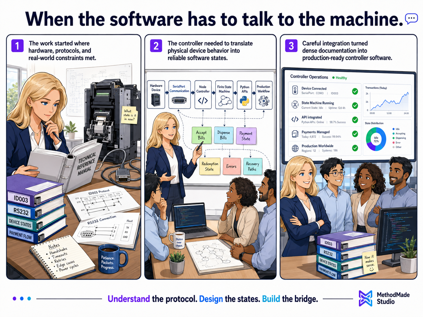Three-panel MethodMade comic showing hardware documentation becoming a stateful production bill recycler controller.