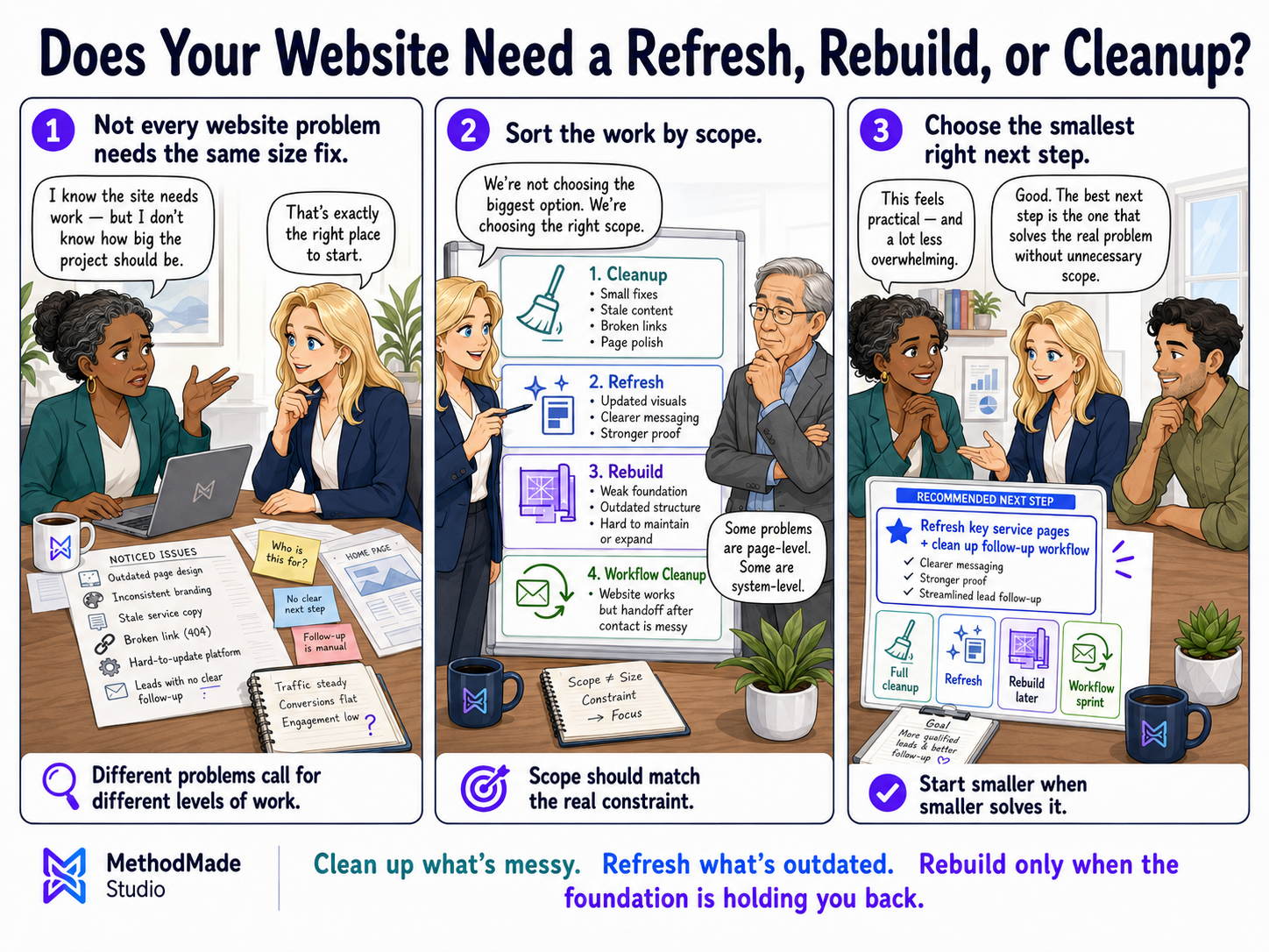Three-panel MethodMade comic showing a business owner and consultant deciding whether a website needs cleanup, refresh, rebuild, or workflow cleanup, then choosing the smallest right next step.